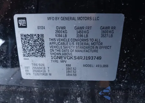 2024 Chevrolet Traverse Awd Lt from USA, damaged, VIN 1GNEVGKS4RJ193749